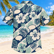 Back view of Speech Garden Navy Speech-Language Pathologist Hawaiian Shirt with matching artwork in navy, aqua, warm cream