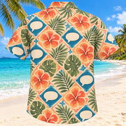 Back view of Speech Garden Sunset Speech-Language Pathologist Hawaiian Shirt with matching artwork in sunset peach, sea blue, olive