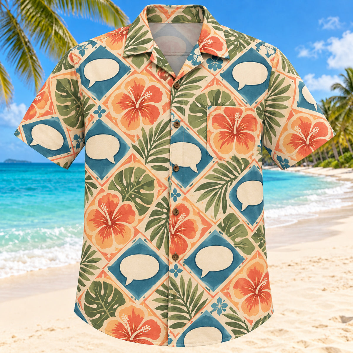 Front view of Speech Garden Sunset Speech-Language Pathologist Hawaiian Shirt with original blank speech bubbles and hibiscus in a loose geometric medallions