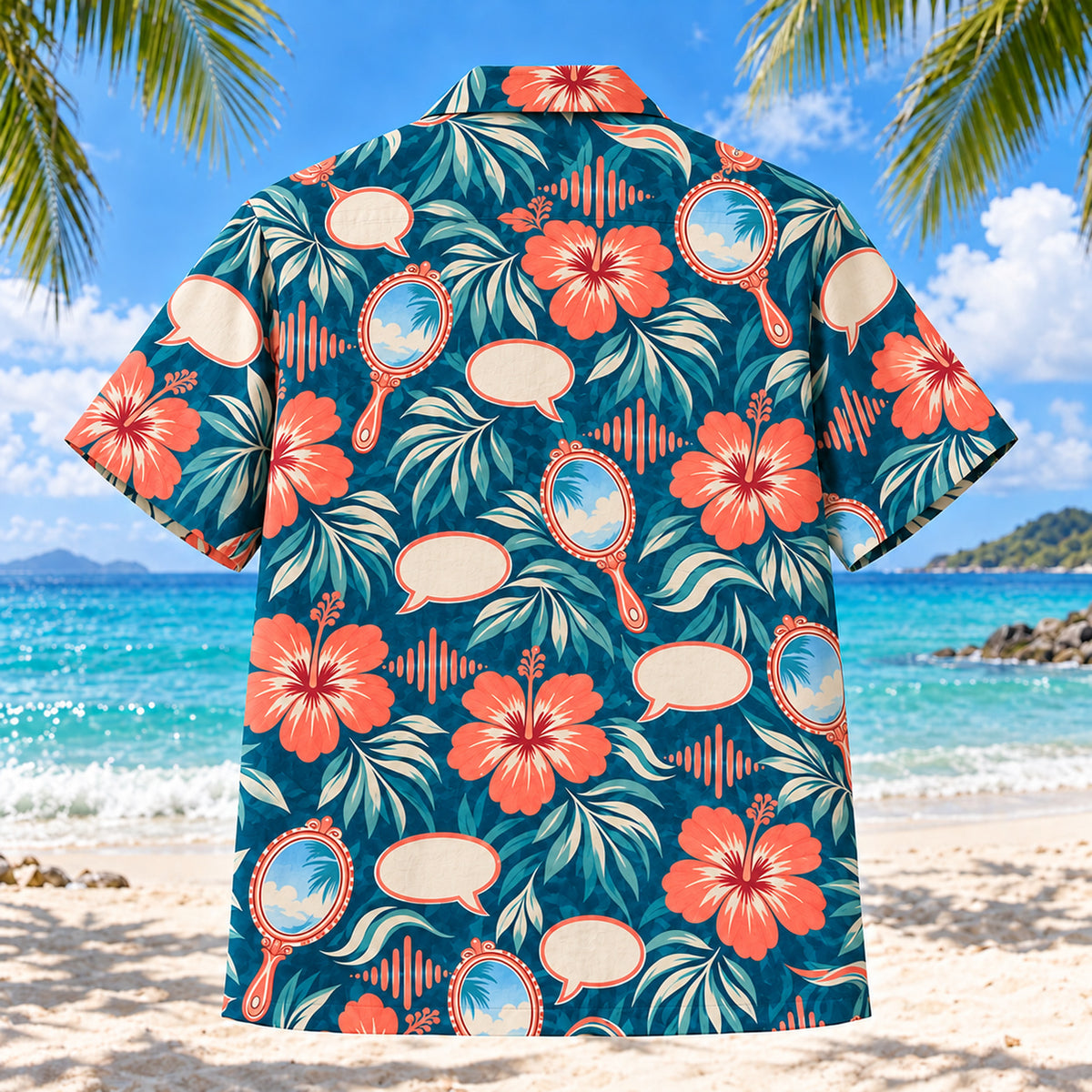 Back view of Speech Garden Teal Speech-Language Pathologist Hawaiian Shirt with continuous seamless back panel