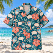 Front view of Speech Garden Teal Speech-Language Pathologist Hawaiian Shirt with original blank speech bubbles and hibiscus in a airy diagonal repeat