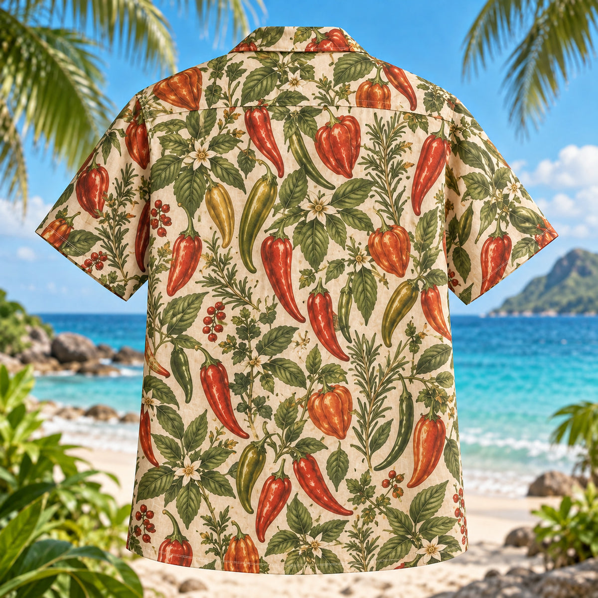 Back view of Spice Garden Chili Pepper Hawaiian Shirt with matching artwork in terracotta, sage, cream