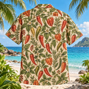 Back view of Spice Garden Chili Pepper Hawaiian Shirt with matching artwork in terracotta, sage, cream