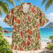 Front view of Spice Garden Chili Pepper Hawaiian Shirt with mixed peppers and garden herbs