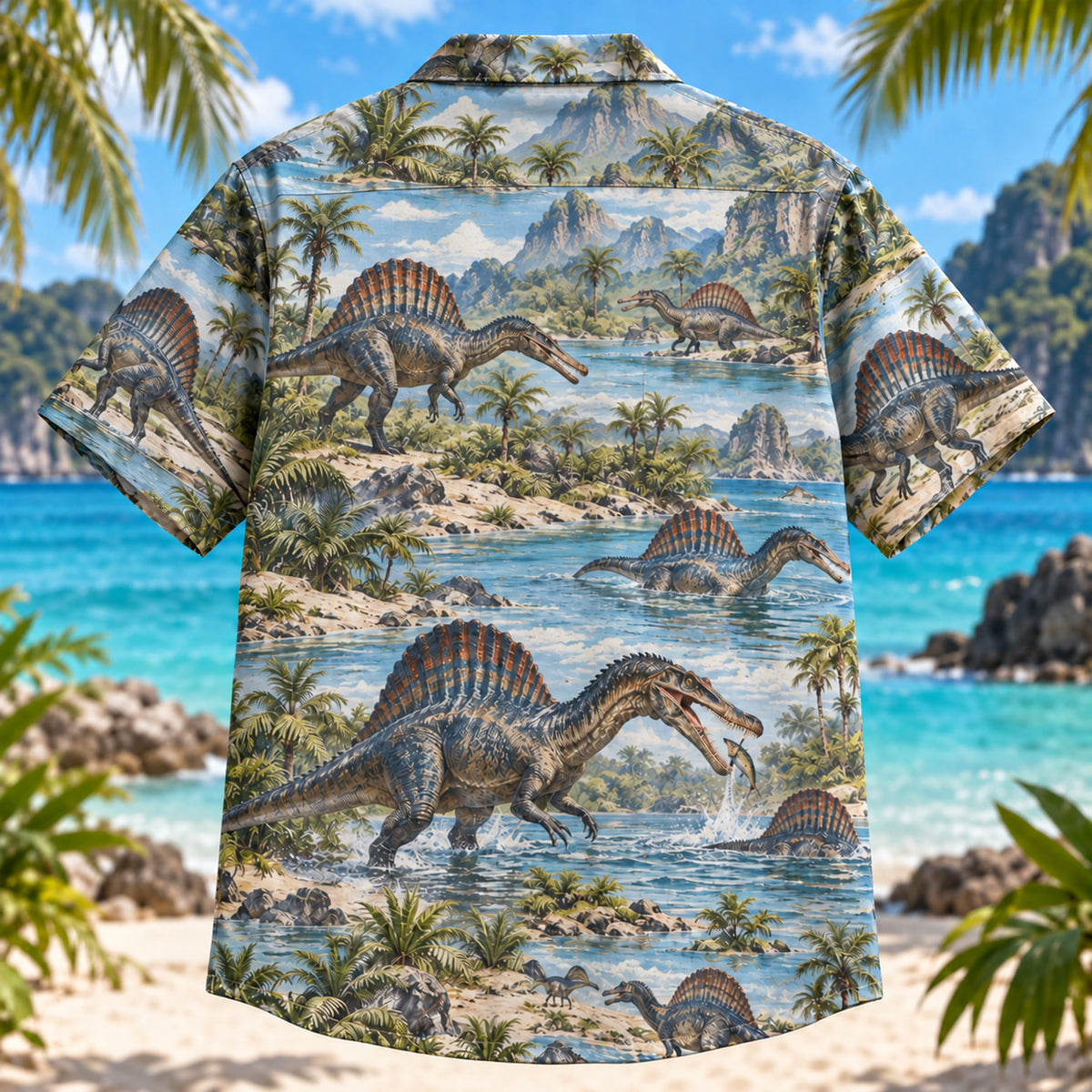 Back view of Spinosaurus River Dinosaur Hawaiian Shirt with matching artwork in blue, sage, sand