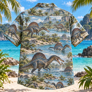 Back view of Spinosaurus River Dinosaur Hawaiian Shirt with matching artwork in blue, sage, sand