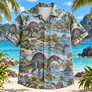 Front view of Spinosaurus River Dinosaur Hawaiian Shirt with Spinosaurus dinosaurs near a prehistoric river