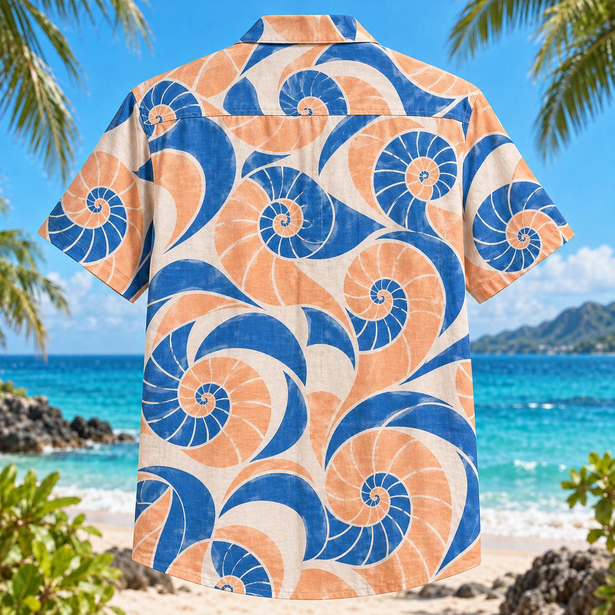 Back view of Spiral Shell Mathematics Hawaiian Shirt with matching artwork in peach, cobalt, ivory