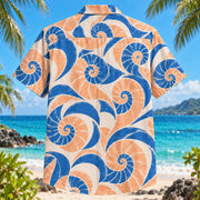 Back view of Spiral Shell Mathematics Hawaiian Shirt with matching artwork in peach, cobalt, ivory
