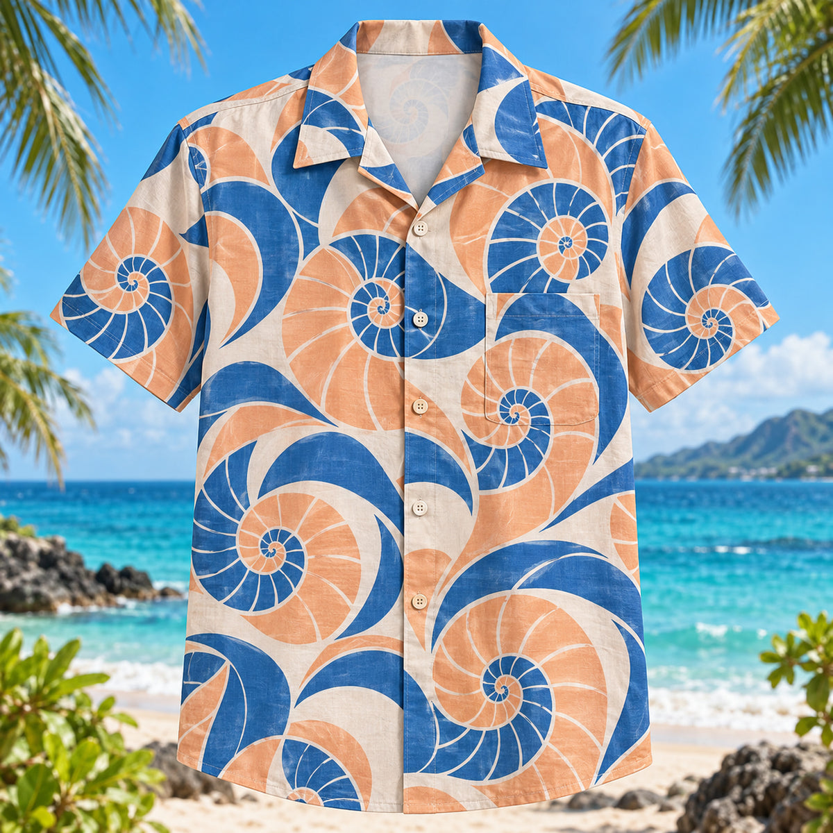 Front view of Spiral Shell Mathematics Hawaiian Shirt with geometric spirals inspired by shells and waves