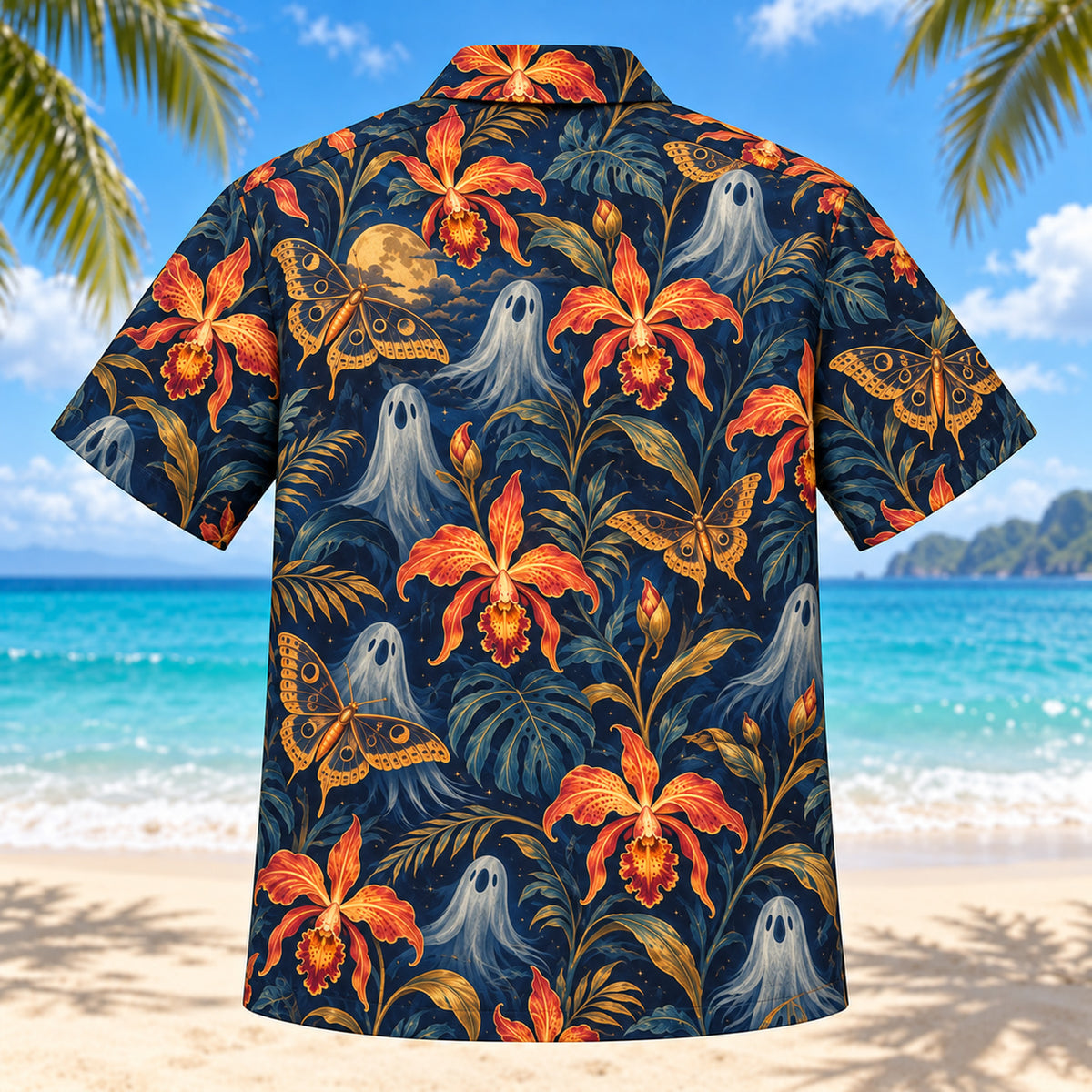 Back view of Spooky Orchid Adult Halloween Hawaiian Shirt with matching artwork in midnight blue, coral, gold
