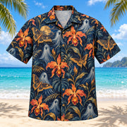 Front view of Spooky Orchid Adult Halloween Hawaiian Shirt with original, text-free illustrations of invented orchids, moths and subtle ghost forms