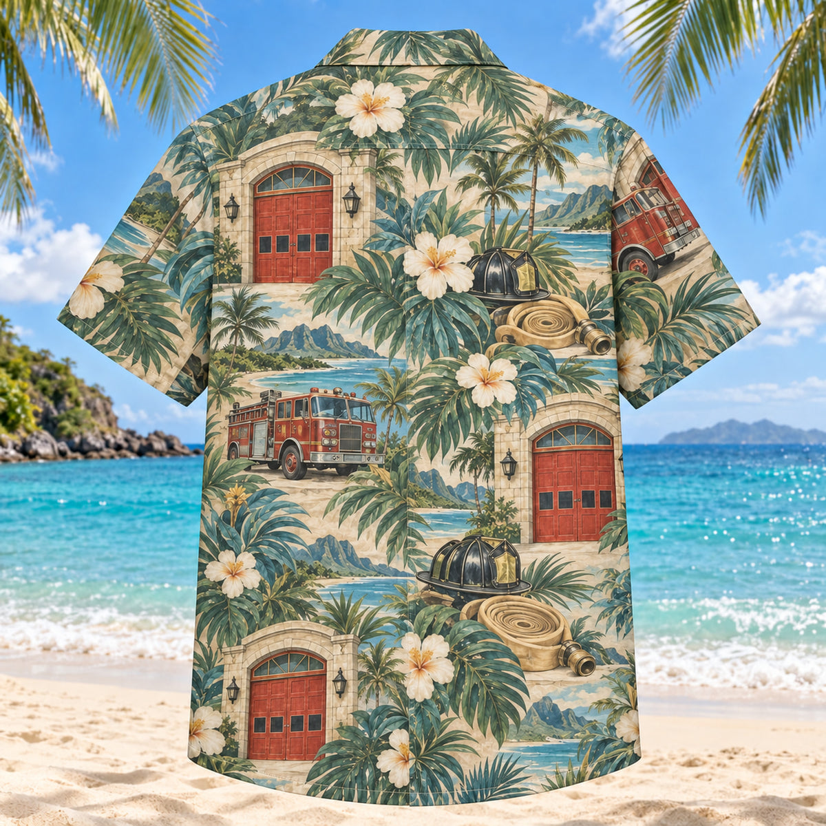 Back view of Station Door Firefighter Hawaiian Shirt with matching artwork in moss, aqua, sand