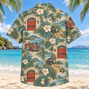 Back view of Station Door Firefighter Hawaiian Shirt with matching artwork in moss, aqua, sand