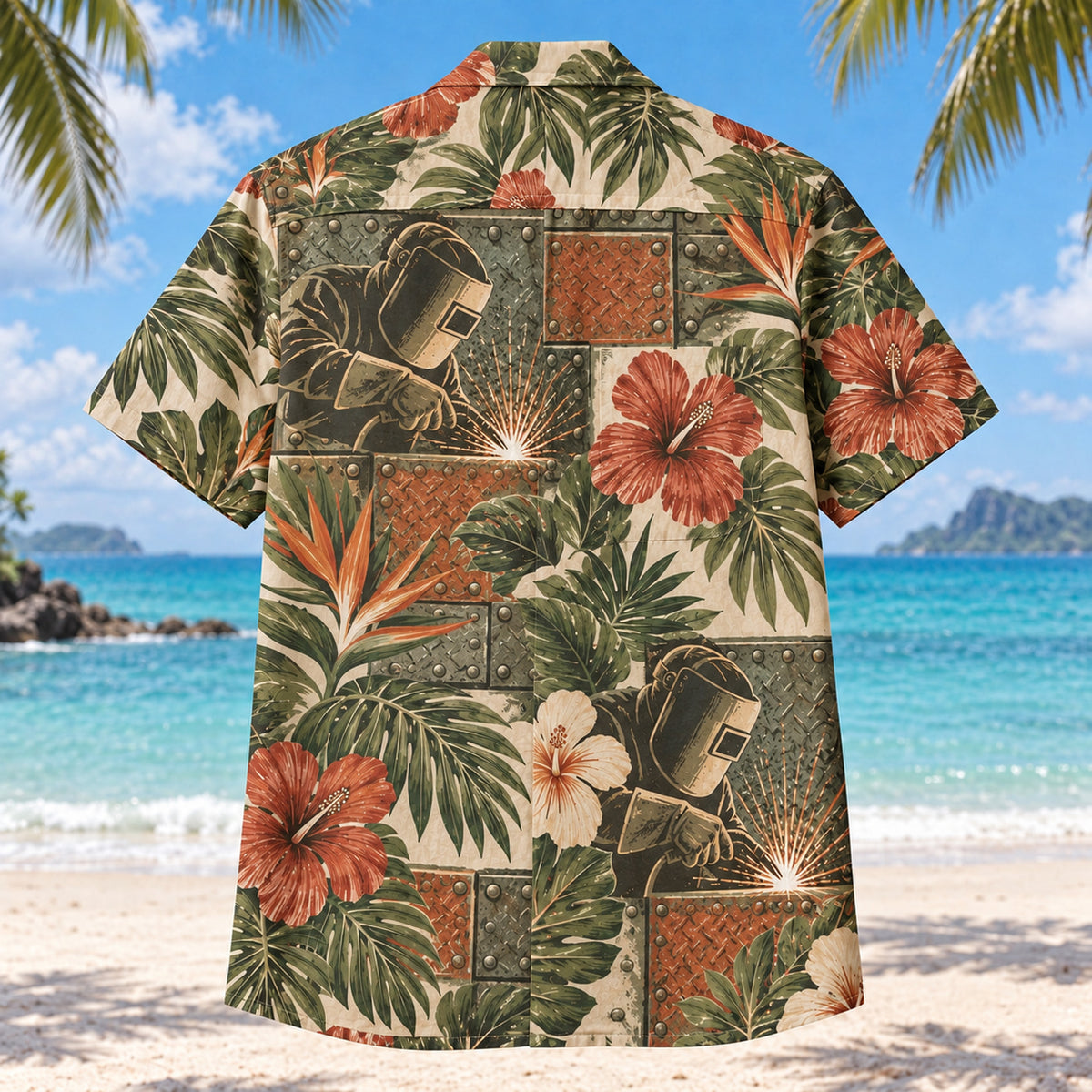 Back view of Steel Plate Welder Hawaiian Shirt with matching artwork in olive, cream, terracotta