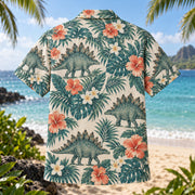 Back view of Stegosaurus Bloom Dinosaur Hawaiian Shirt with matching artwork in teal, coral, ivory