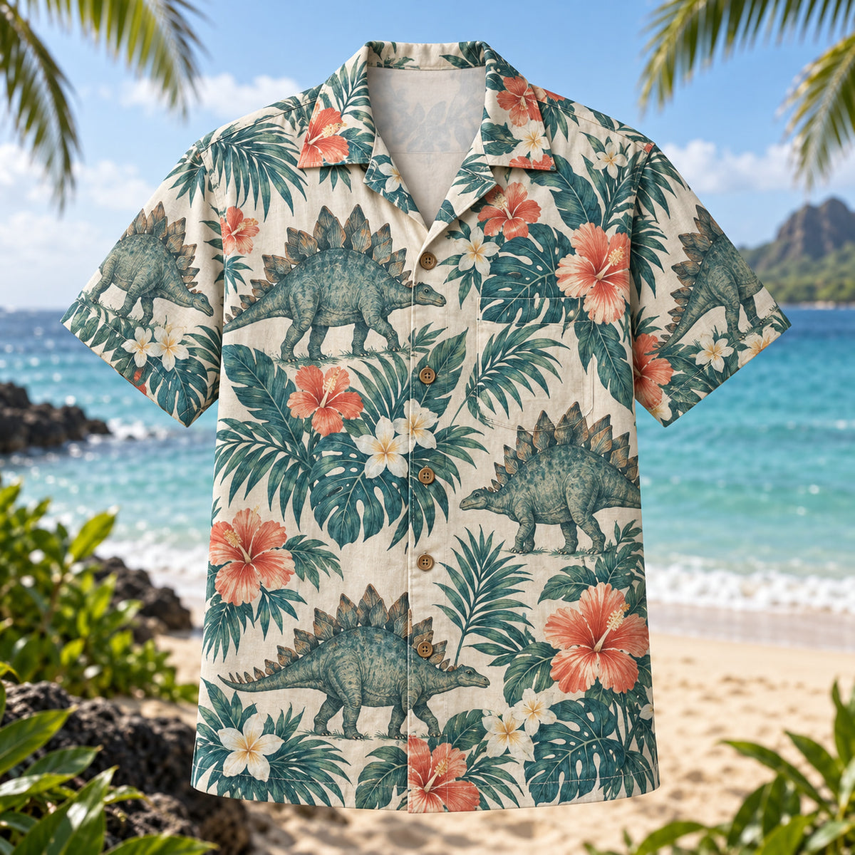Front view of Stegosaurus Bloom Dinosaur Hawaiian Shirt with Stegosaurus silhouettes among tropical blooms