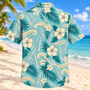 Back view of Sterile Wave Aqua Sand Surgical Technologist Hawaiian Shirt on a Hawaiian beach with fine white or light yellow sand and no dark rocks