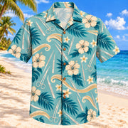 Front view of Sterile Wave Aqua Sand Surgical Technologist Hawaiian Shirt on a Hawaiian beach with fine white or light yellow sand and no dark rocks