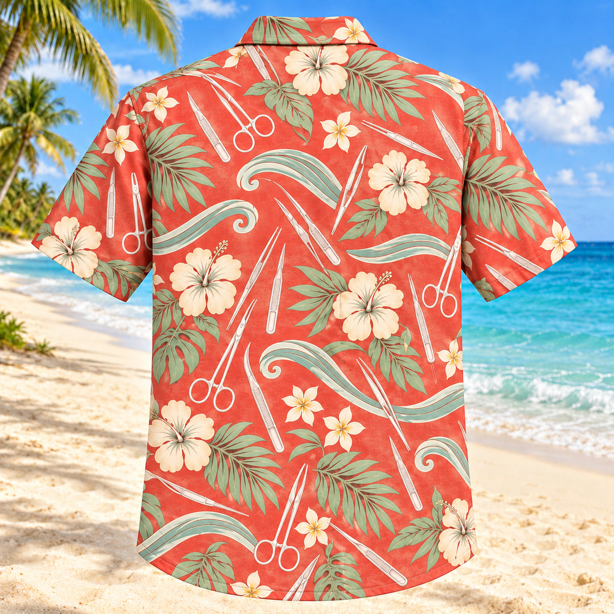 Back view of Sterile Wave Coral Sage Surgical Technologist Hawaiian Shirt with matching artwork in soft coral, sage, cream