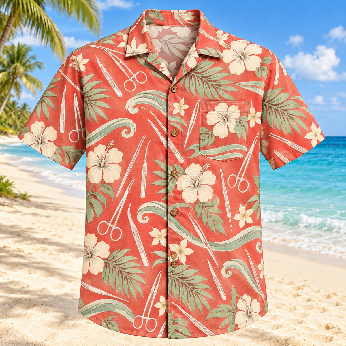 Sterile Wave Coral Sage Surgical Technologist Hawaiian Shirt