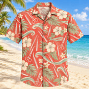 Front view of Sterile Wave Coral Sage Surgical Technologist Hawaiian Shirt with original unbranded surgical tools and gentle wave arcs in a clean floral repeat
