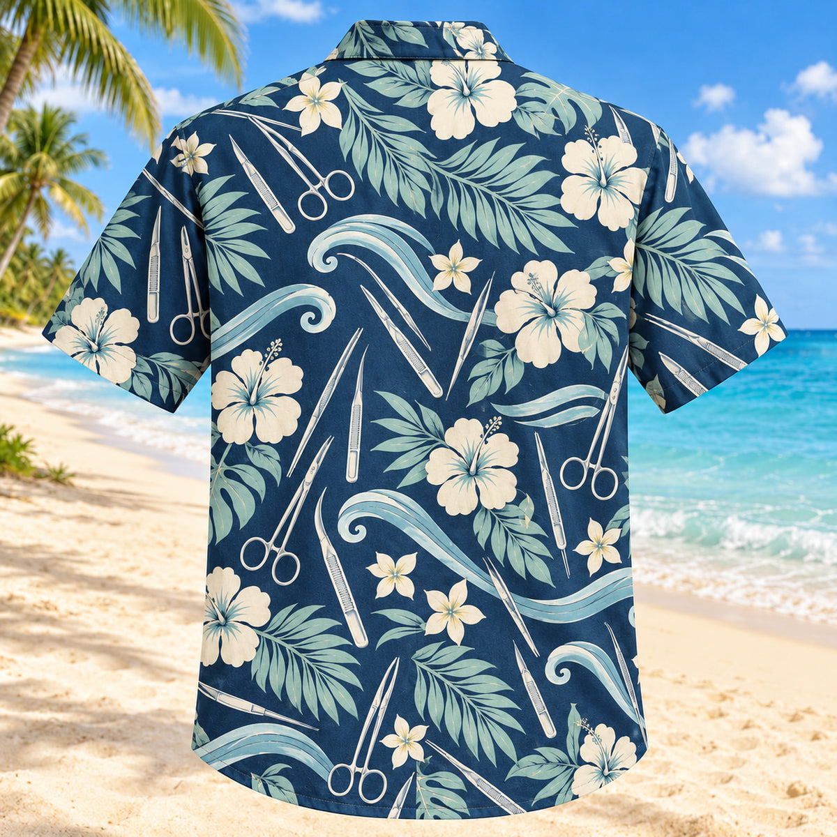 Back view of Sterile Wave Navy Cream Surgical Technologist Hawaiian Shirt with matching artwork in navy, warm ivory, pale seafoam