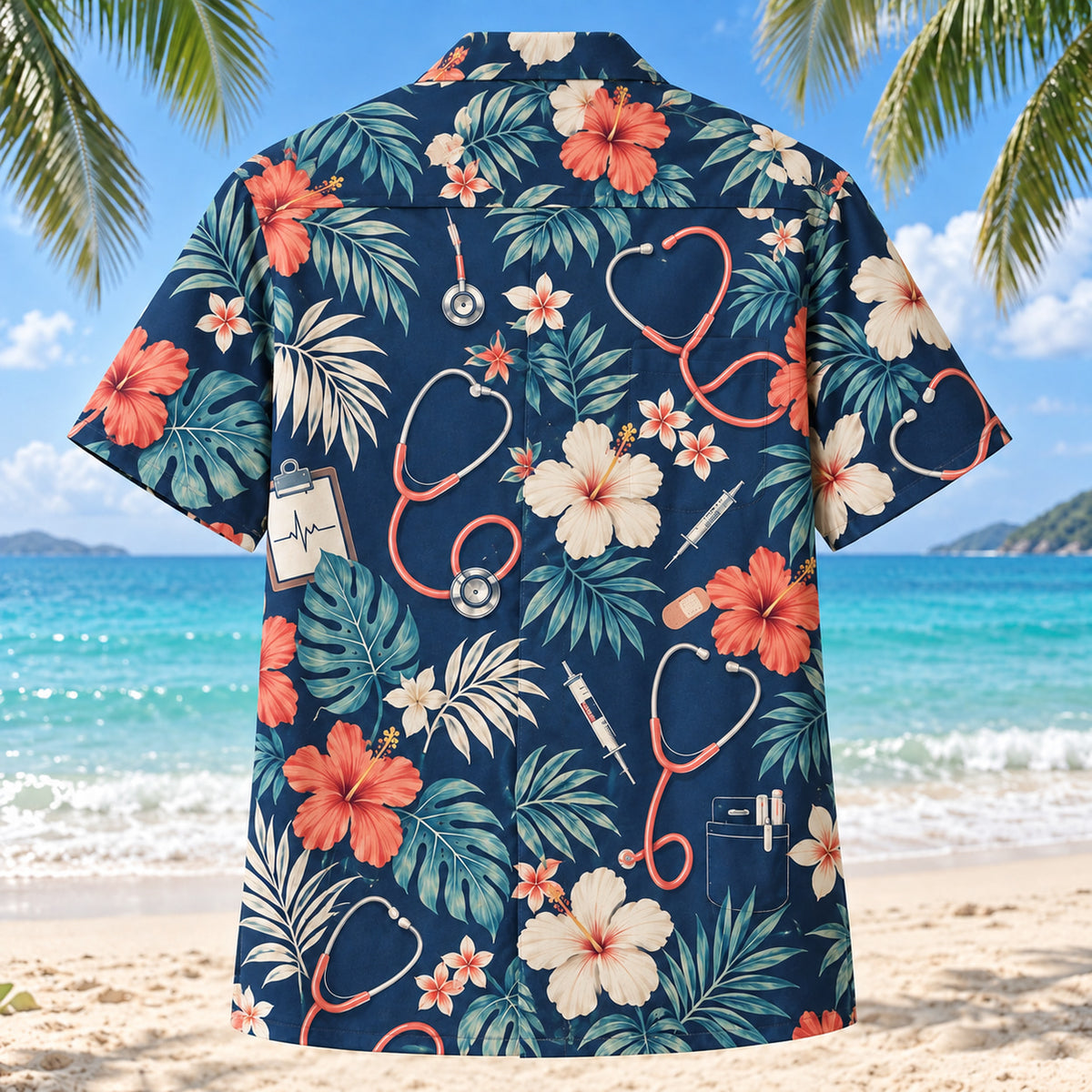 Back view of Stethoscope Nurse Hawaiian Shirt with matching artwork in navy, cream, coral