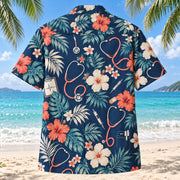 Back view of Stethoscope Nurse Hawaiian Shirt with matching artwork in navy, cream, coral