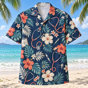 Front view of Stethoscope Nurse Hawaiian Shirt with original stethoscope motifs, with tropical botanical accents; no text or branded equipment