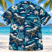 Back view of Stretcher Route Navy EMT and Paramedic Hawaiian Shirt on a Hawaiian beach with fine white sand