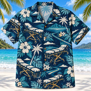 Front view of Stretcher Route Navy EMT and Paramedic Hawaiian Shirt on a Hawaiian beach with fine white sand
