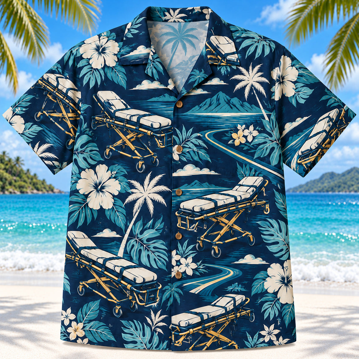 Front view of Stretcher Route Navy EMT and Paramedic Hawaiian Shirt on a Hawaiian beach with fine white sand