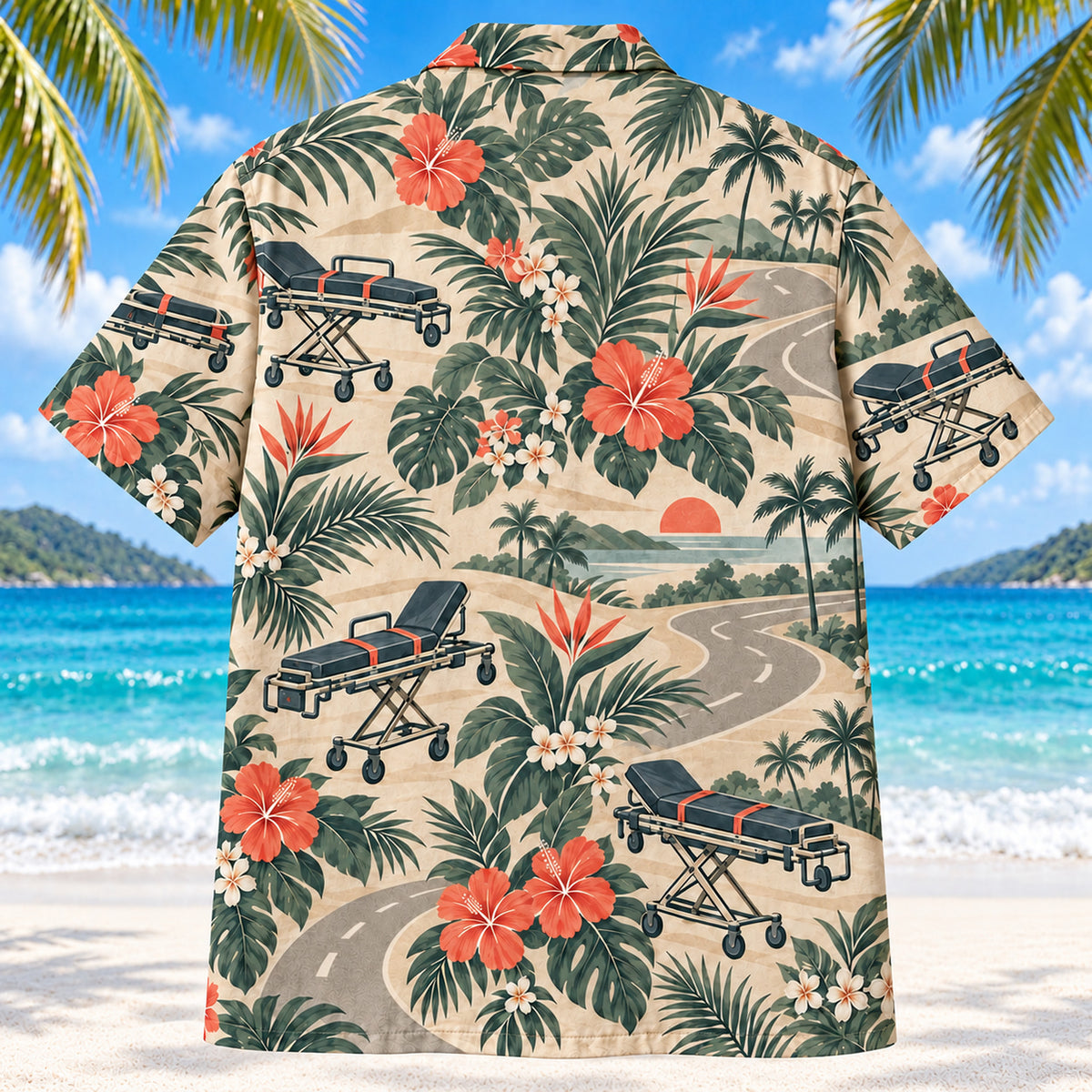 Back view of Stretcher Route Sage EMT and Paramedic Hawaiian Shirt on a Hawaiian beach with fine white sand
