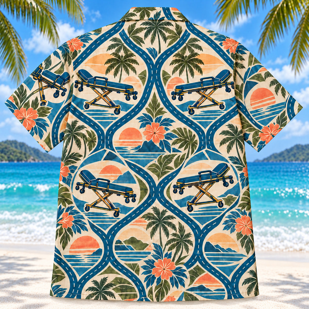 Back view of Stretcher Route Sunset EMT and Paramedic Hawaiian Shirt on a Hawaiian beach with fine white sand
