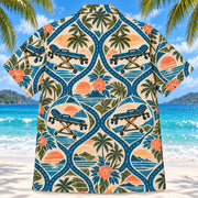 Back view of Stretcher Route Sunset EMT and Paramedic Hawaiian Shirt on a Hawaiian beach with fine white sand