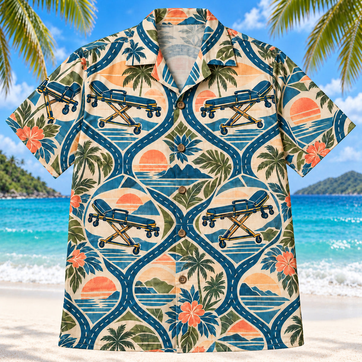 Front view of Stretcher Route Sunset EMT and Paramedic Hawaiian Shirt on a Hawaiian beach with fine white sand