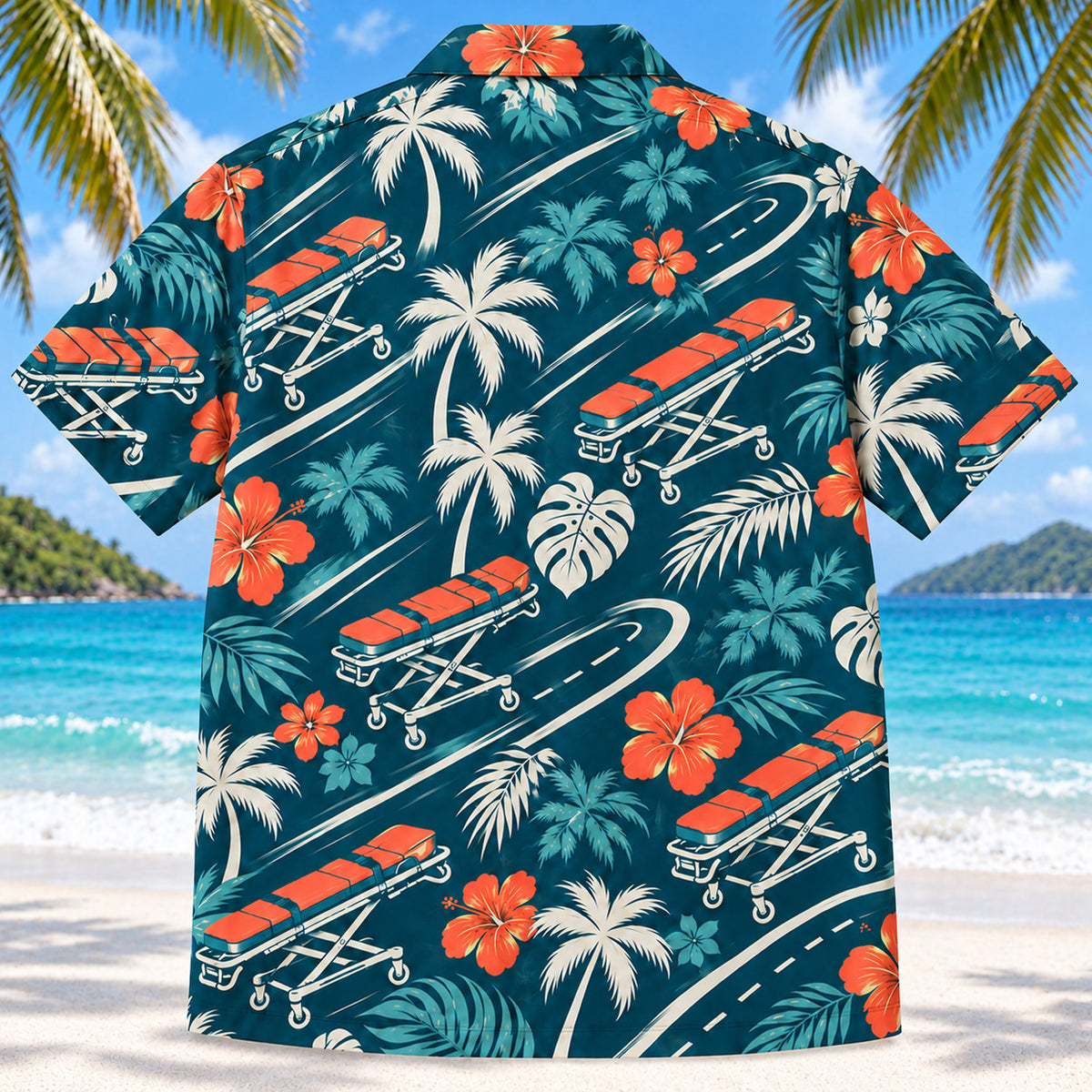Back view of Stretcher Route Teal EMT and Paramedic Hawaiian Shirt on a Hawaiian beach with fine white sand