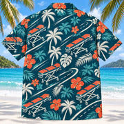 Back view of Stretcher Route Teal EMT and Paramedic Hawaiian Shirt on a Hawaiian beach with fine white sand