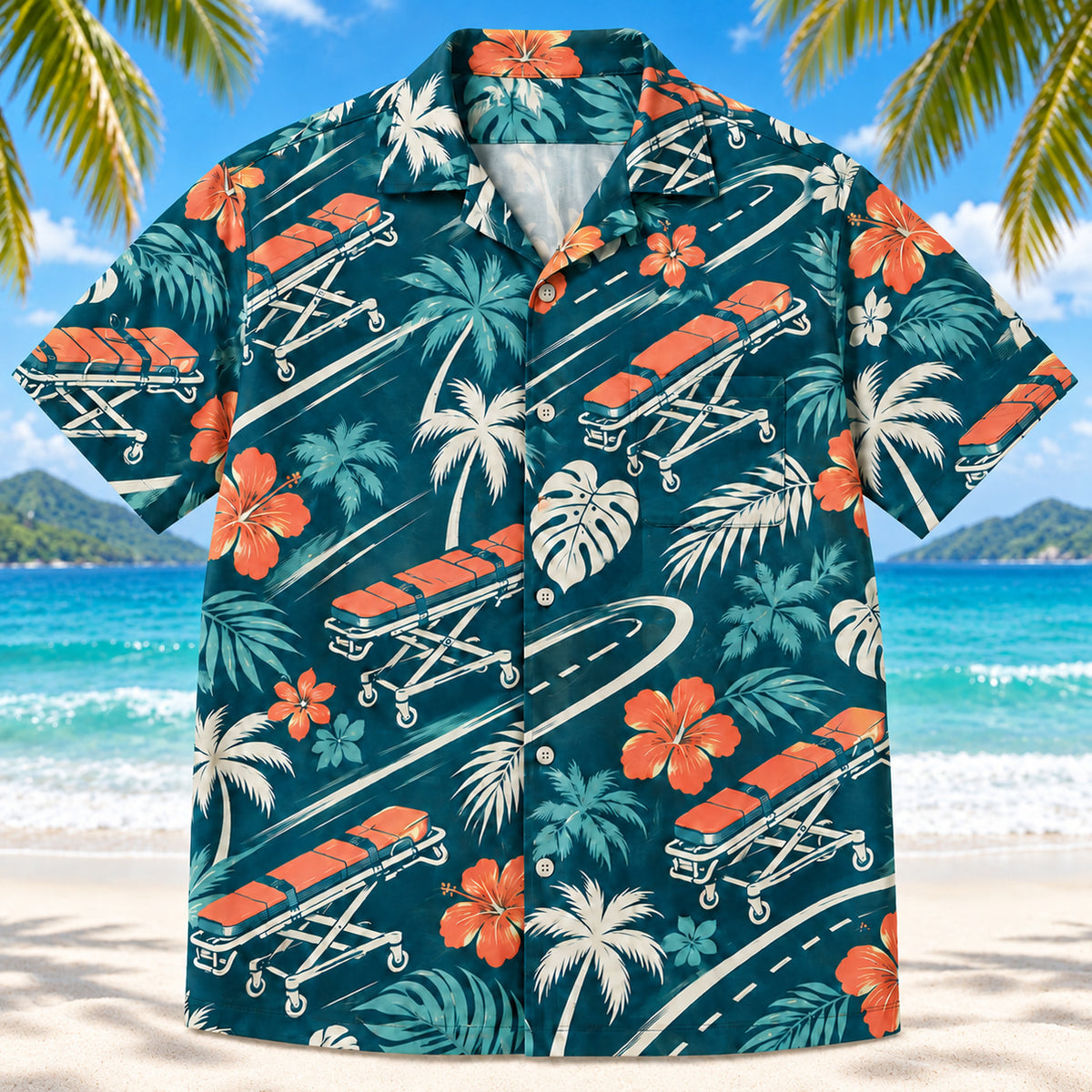 Front view of Stretcher Route Teal EMT and Paramedic Hawaiian Shirt on a Hawaiian beach with fine white sand