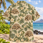 Back view of Sulcata Garden Reptile Hawaiian Shirt with matching artwork in tan, moss, cream