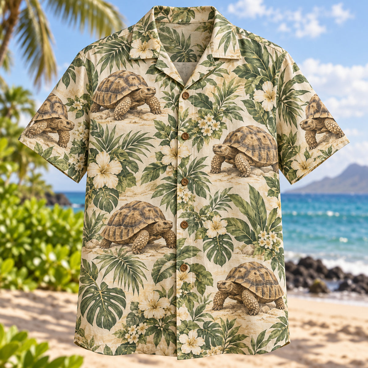 Front view of Sulcata Garden Reptile Hawaiian Shirt with sulcata tortoises among garden foliage
