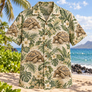Front view of Sulcata Garden Reptile Hawaiian Shirt with sulcata tortoises among garden foliage