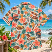 Back view of Summer Cookout BBQ Hawaiian Shirt with matching artwork in coral, aqua, tan