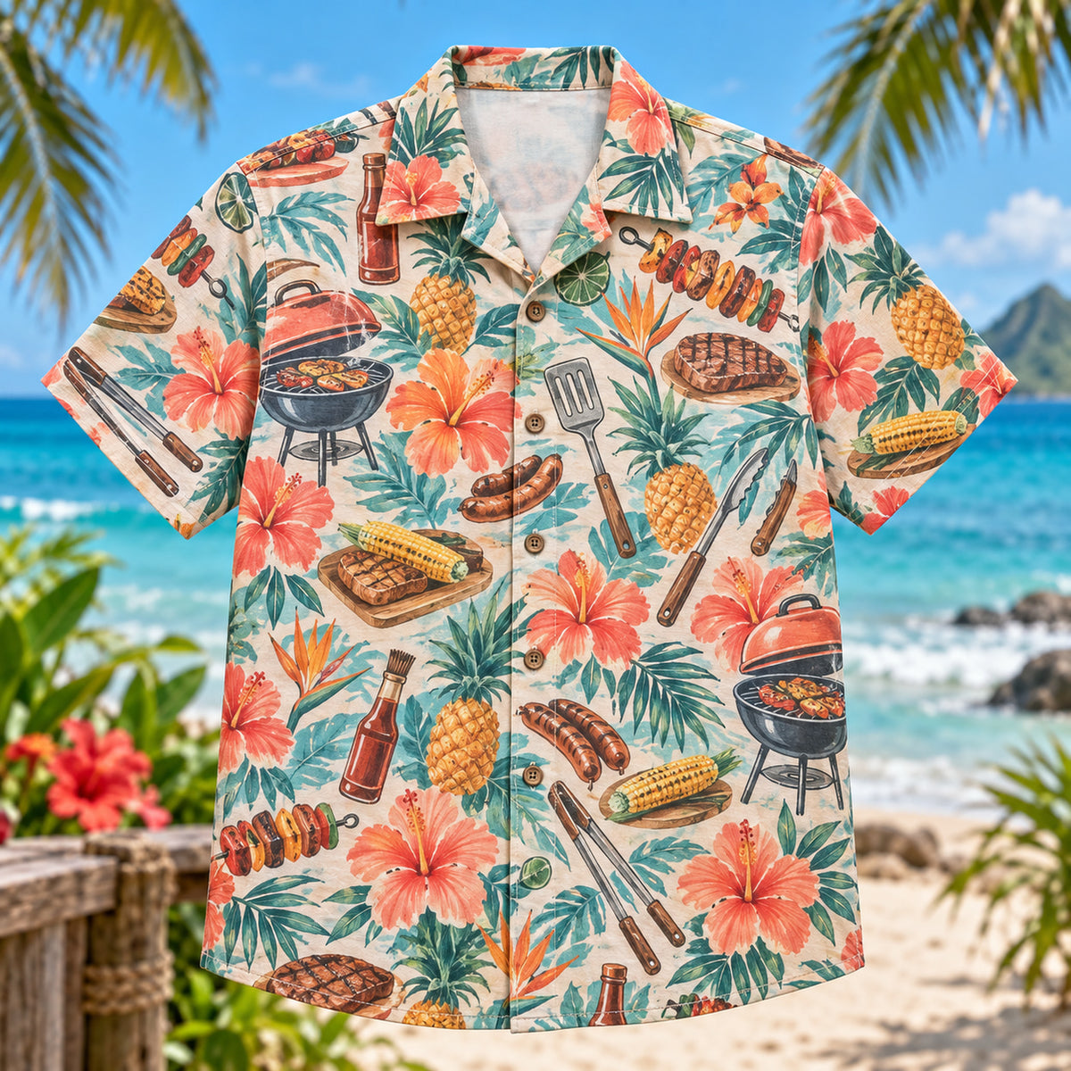 Front view of Summer Cookout BBQ Hawaiian Shirt with generic barbecue utensils and cooked food among summer blooms