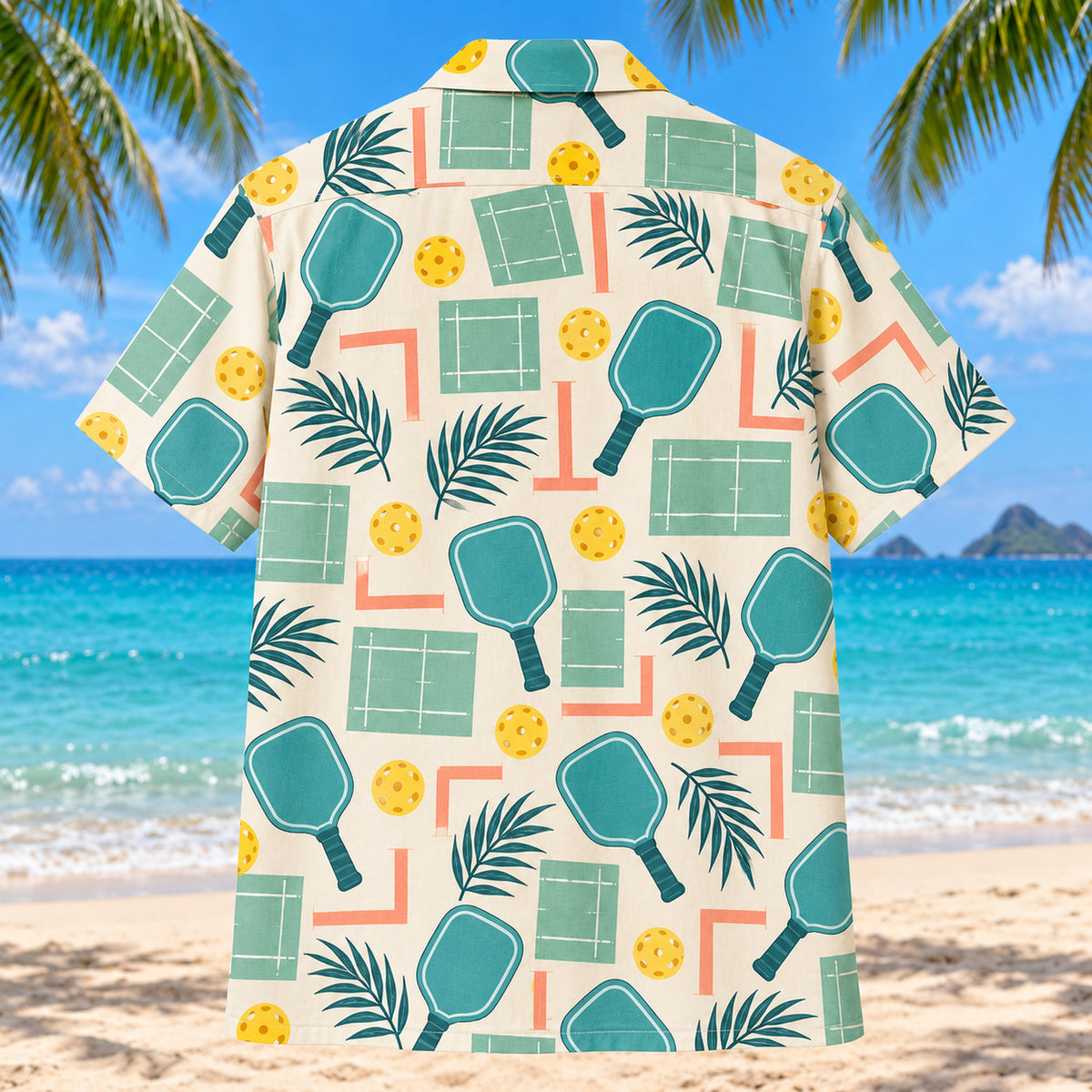Back view of Sunlit Pickleball Courts Hawaiian Shirt with matching teal paddle, pickleball and court pattern on ivory