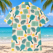 Back view of Sunlit Pickleball Courts Hawaiian Shirt with matching teal paddle, pickleball and court pattern on ivory