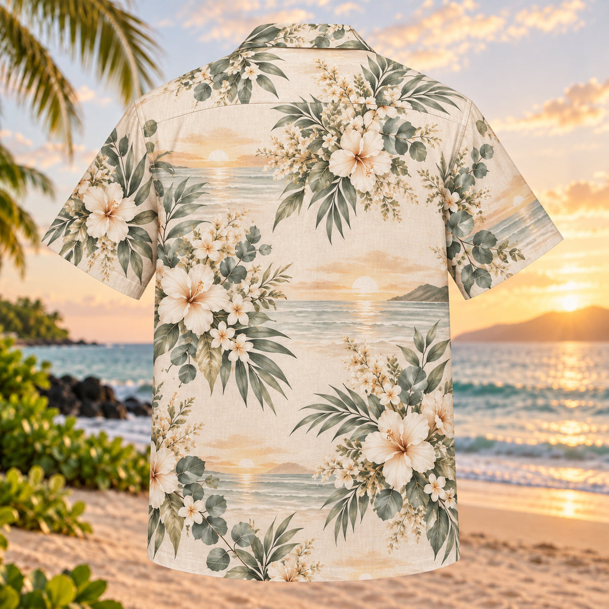 Back view of Sunset Bouquet Beach Wedding Hawaiian Shirt with matching artwork in champagne, eucalyptus, ivory