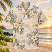 Front view of Sunset Bouquet Beach Wedding Hawaiian Shirt with original, text-free illustrations of warm original bouquet clusters and pale sunset bands