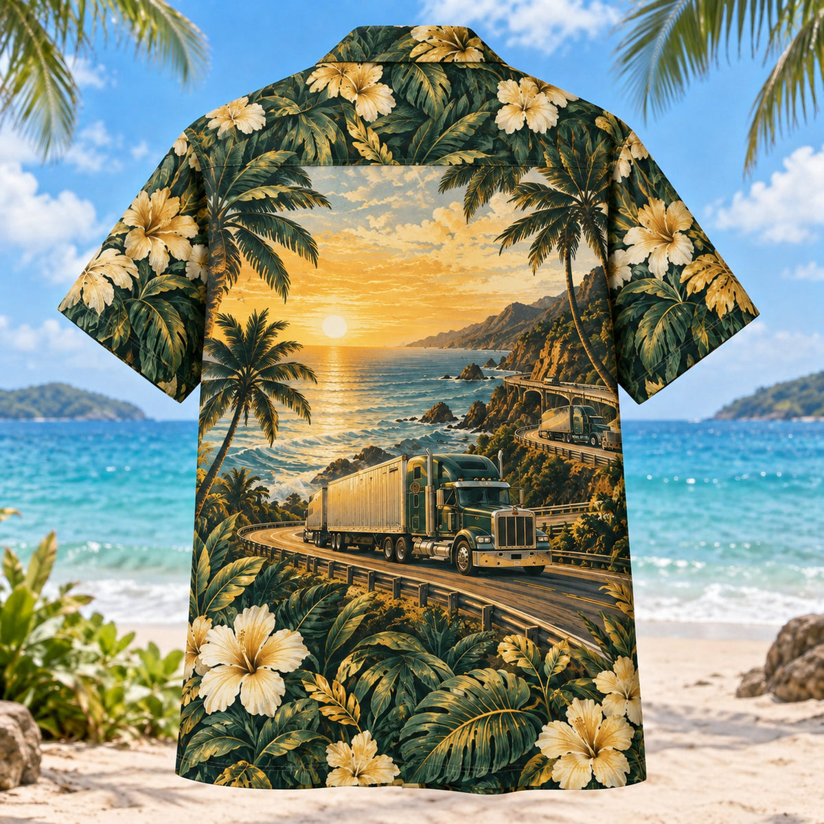 Back view of Sunset Haul Truck Driver Hawaiian Shirt with matching artwork in forest, gold, cream